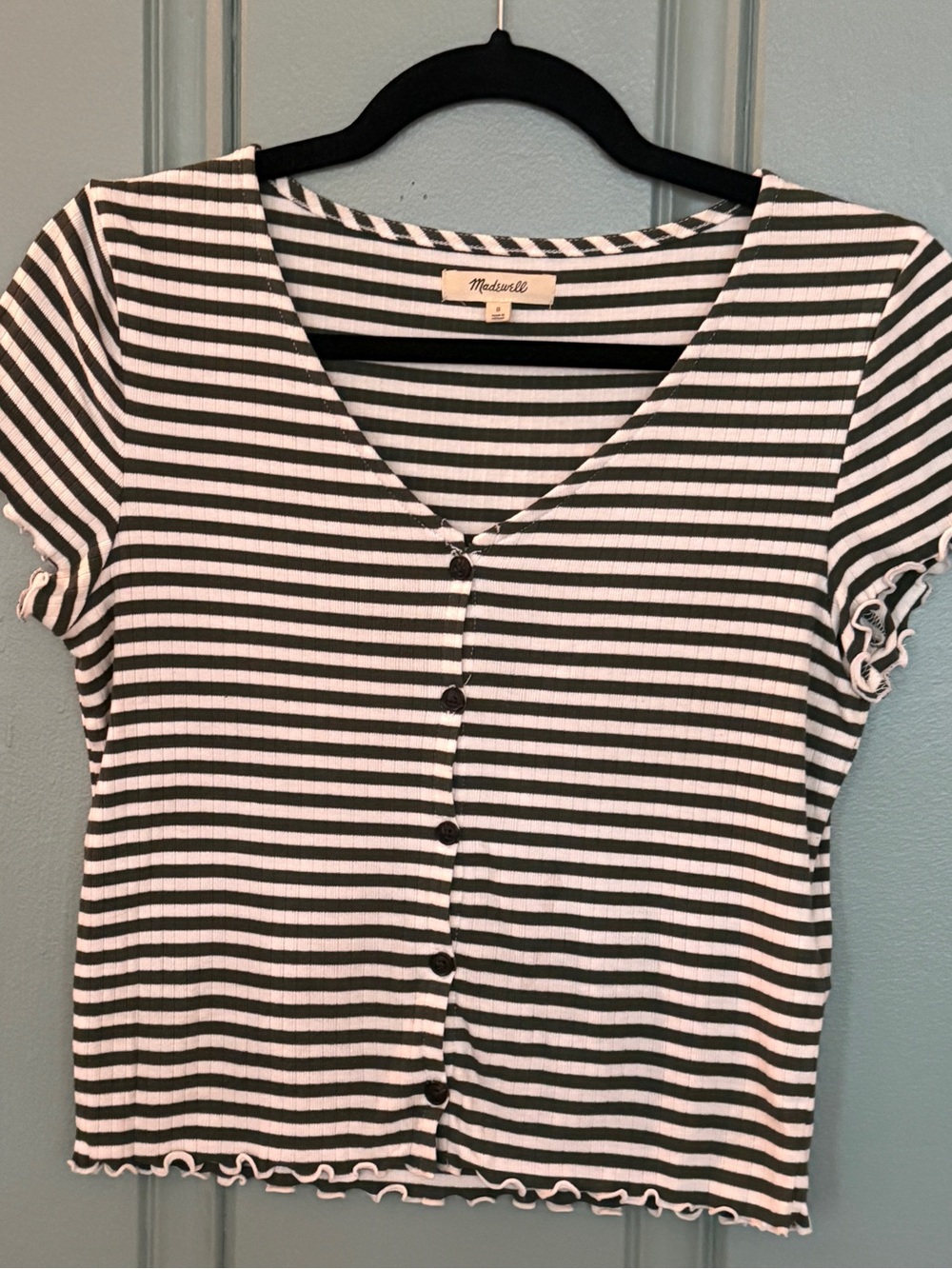 Madewell Green and White striped button up baby tee size small